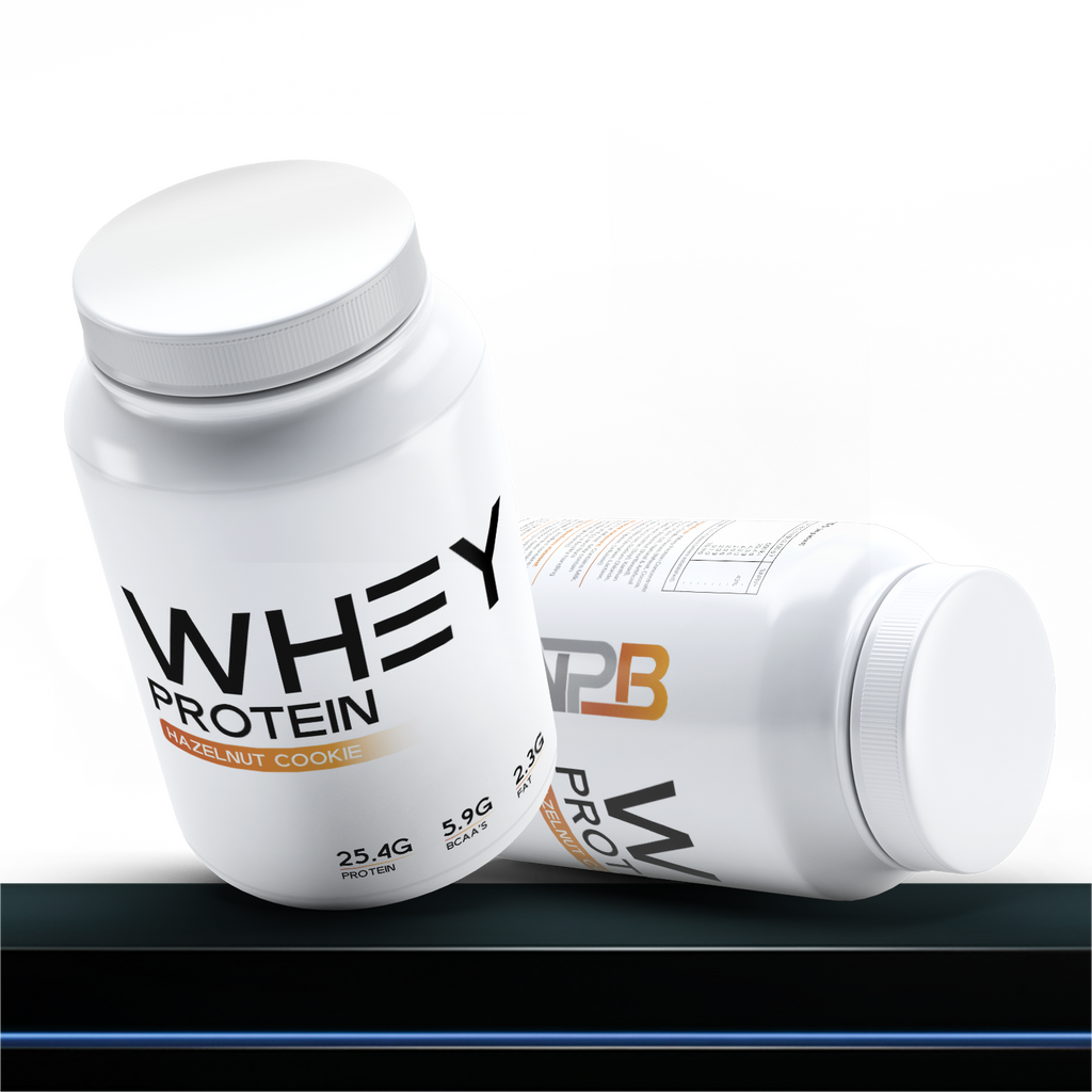 Two containers of whey protein powder on a white background