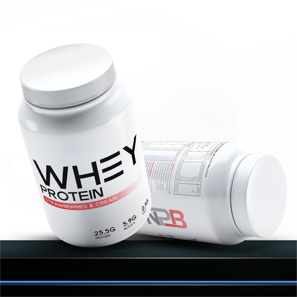 White protein supplement container with visible branding on a white background