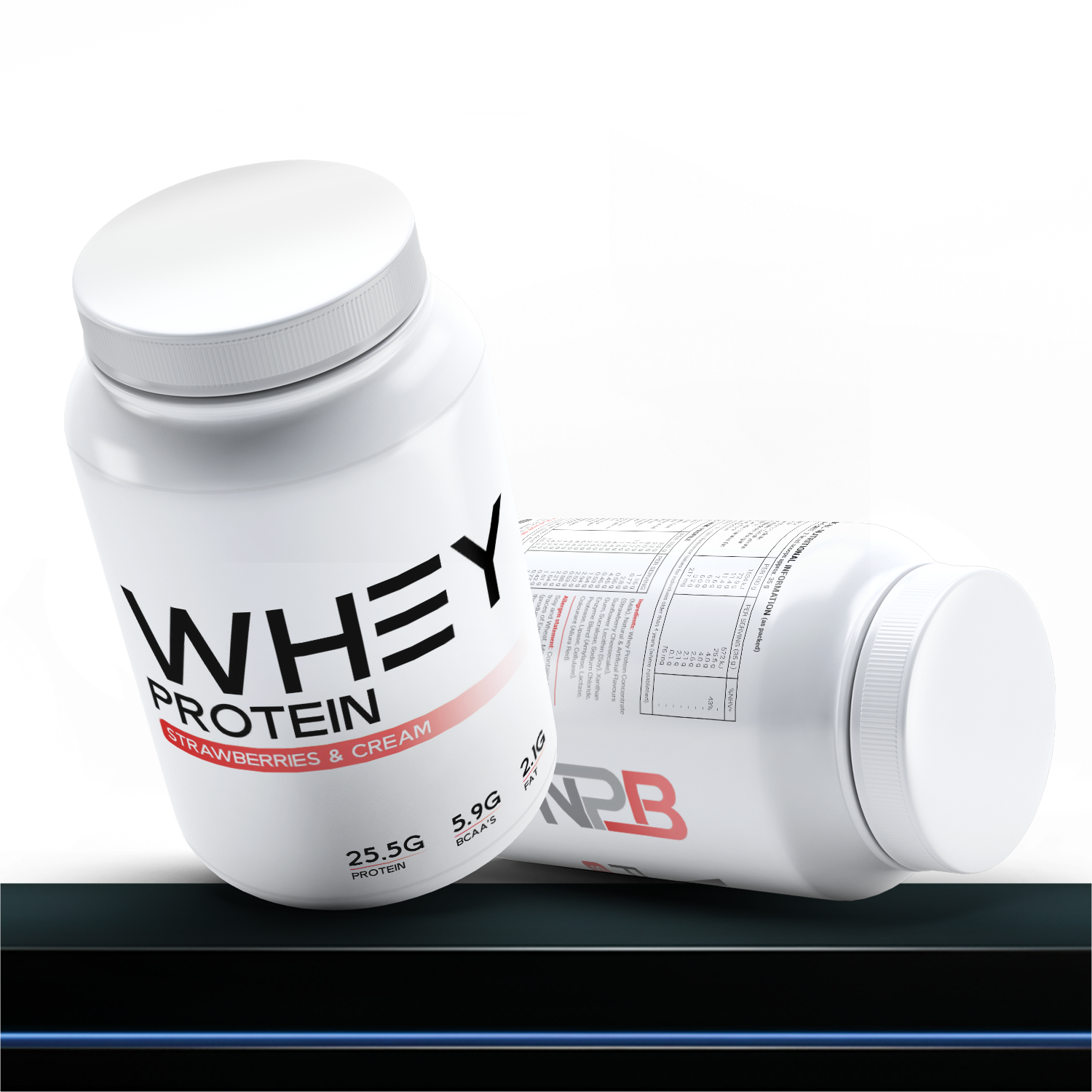 White protein supplement container with visible branding on a white background
