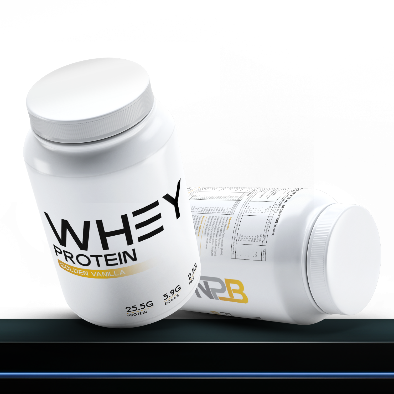 Two protein powder containers on a white background